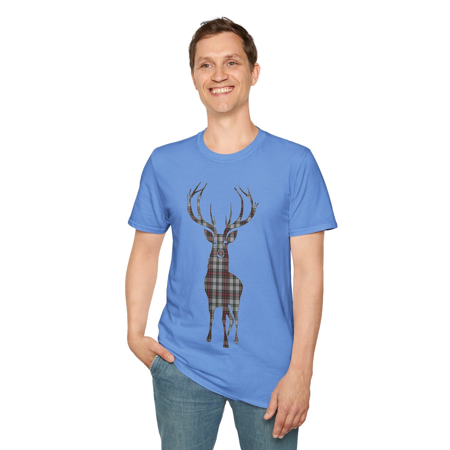 Tartan Stag Softstyle T-Shirt - Stewart Dress Tartan, Unisex Tee, Scottish Scenery, Various Colours