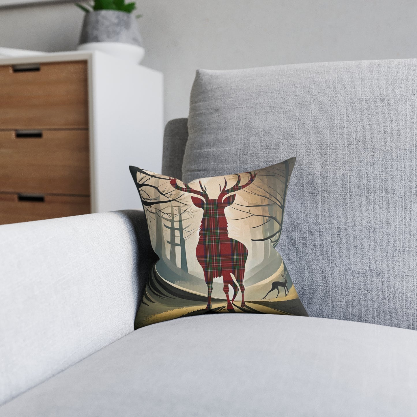 Reversible Square Cushion : Stag / Scotland Map - Stewart Royal Tartan, Various Sizes