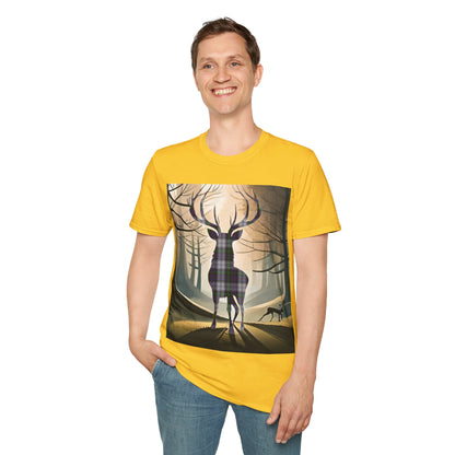 Stag Tartan Silhouette Softstyle T-Shirt - Argyle Dress Tartan, Unisex Tee, Scottish Scenery, Various Colours