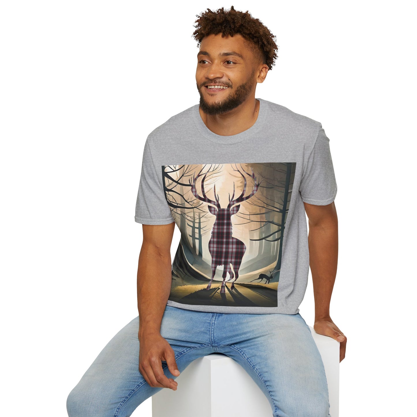 Stag Tartan Silhouette Softstyle T-Shirt - MacPherson Tartan, Unisex Tee, Scottish Scenery, Various Colours