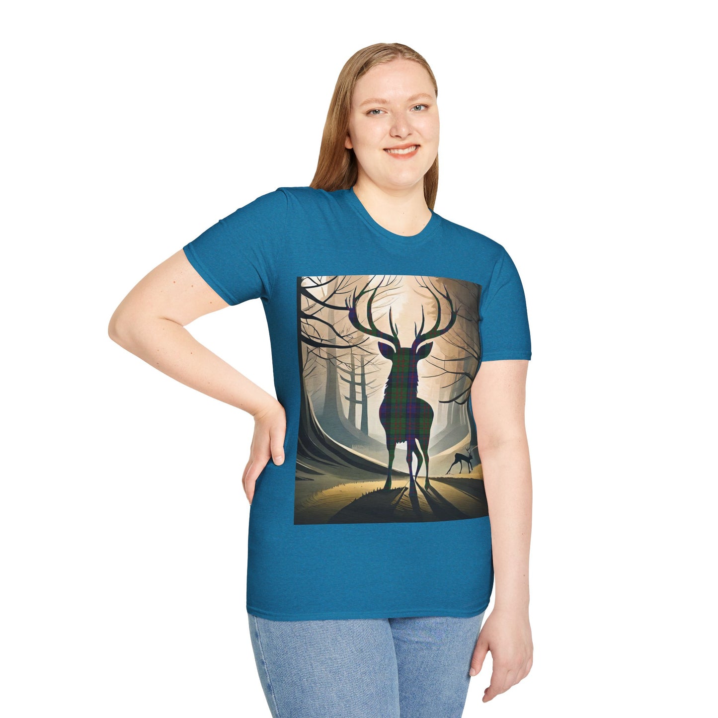 Stag Tartan Silhouette Softstyle T-Shirt - MacDonald Tartan, Unisex Tee, Scottish Scenery, Various Colours