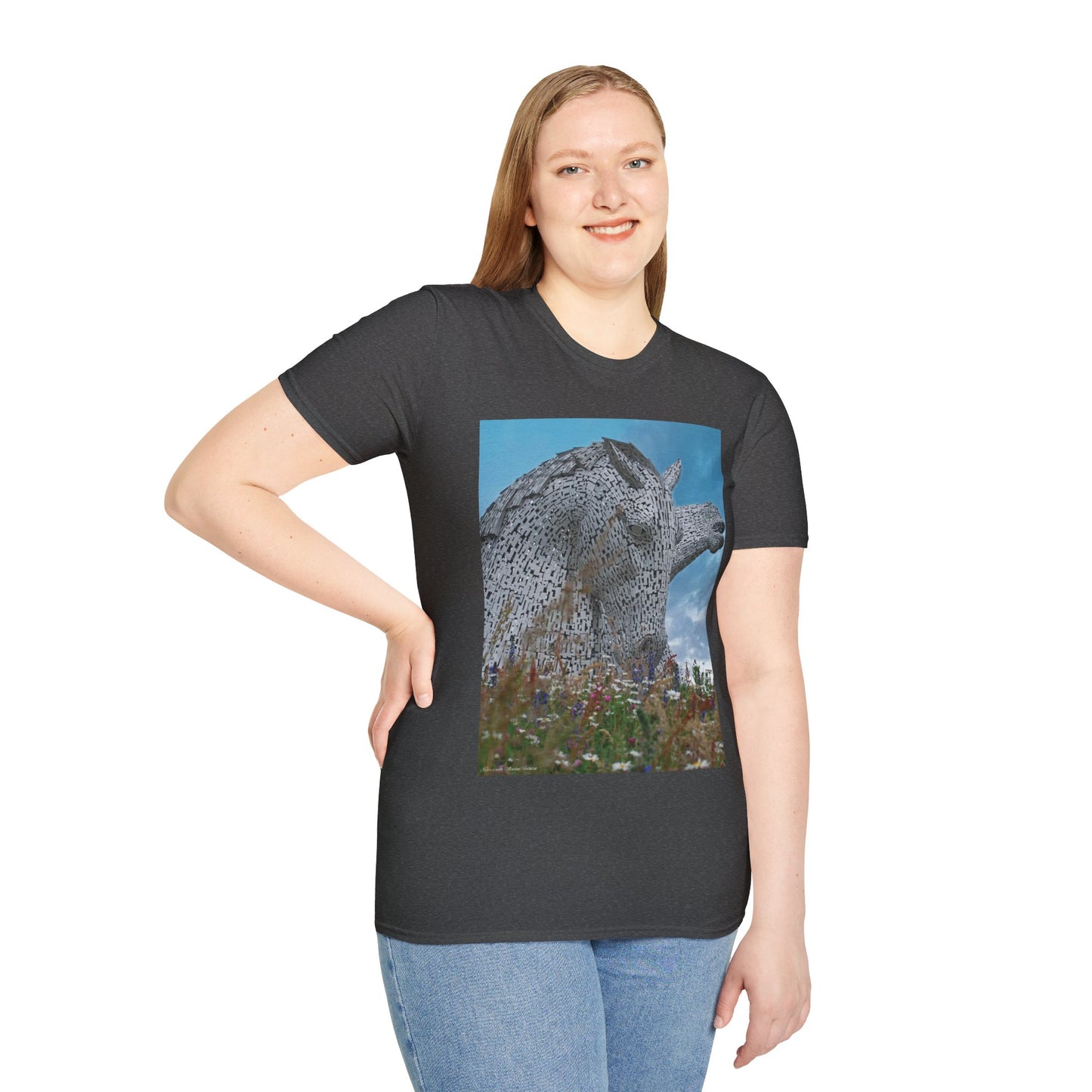 Kelpies with Meadow Photo Softstyle Unisex T-Shirt, Scottish Tee