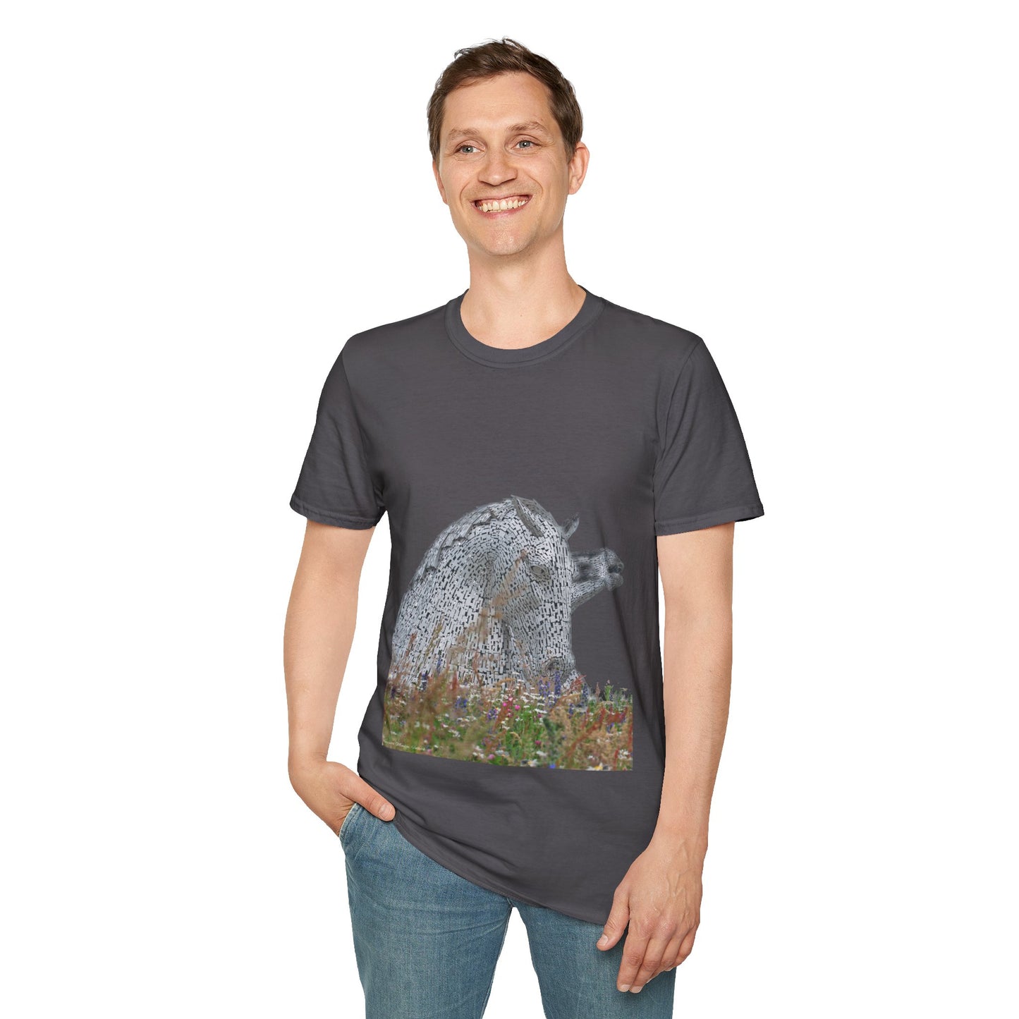 Kelpies with Meadow No Sky Photo Softstyle Unisex T-Shirt, Scottish Tee