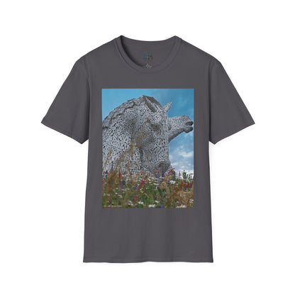 Kelpies with Meadow Photo Softstyle Unisex T-Shirt, Scottish Tee