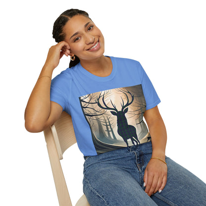 Stag Tartan Silhouette Softstyle T-Shirt - Argyle Tartan, Unisex Tee, Scottish Scenery, Various Colours