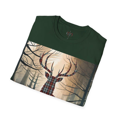 Stag Tartan Silhouette Softstyle T-Shirt - Stewart Tartan, Unisex Tee, Scottish Scenery, Various Colours