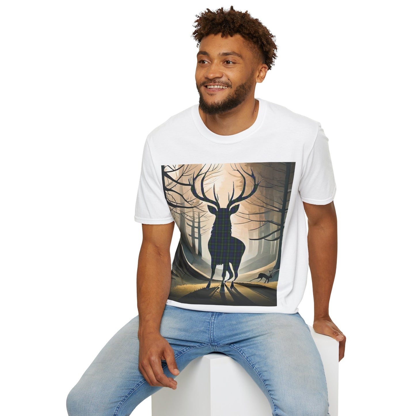 Stag Tartan Silhouette Softstyle T-Shirt - Gordon Tartan, Unisex Tee, Scottish Scenery, Various Colours