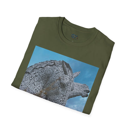 Kelpies with Meadow Photo Softstyle Unisex T-Shirt, Scottish Tee