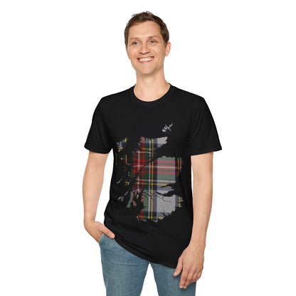 Scotland Tartan Map Softstyle Unisex T-Shirt, Stewart Dress Tartan, Various Colours