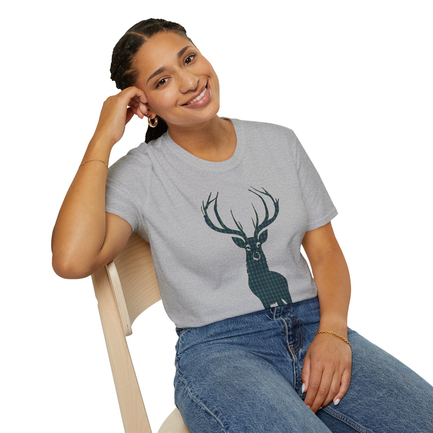 Tartan Stag Softstyle T-Shirt - Douglas Tartan, Unisex Tee, Scottish Scenery, Various Colours