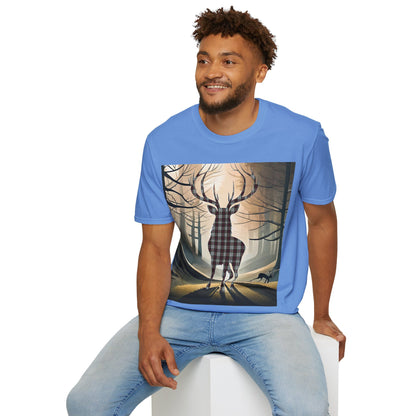 Stag Tartan Silhouette Softstyle T-Shirt - Fraser Tartan, Unisex Tee, Scottish Scenery, Various Colours