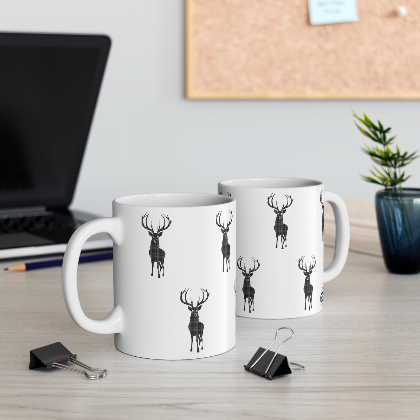 Tartan Stag Mug - Hood Tartan, Coffee Cup, Tea Cup, Scotland, White