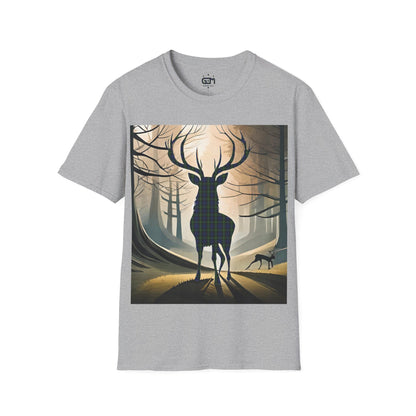 Stag Tartan Silhouette Softstyle T-Shirt - Gordon Tartan, Unisex Tee, Scottish Scenery, Various Colours