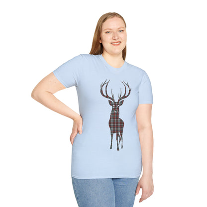 Tartan Stag Softstyle T-Shirt - Stewart Tartan, Unisex Tee, Scottish Scenery, Various Colours