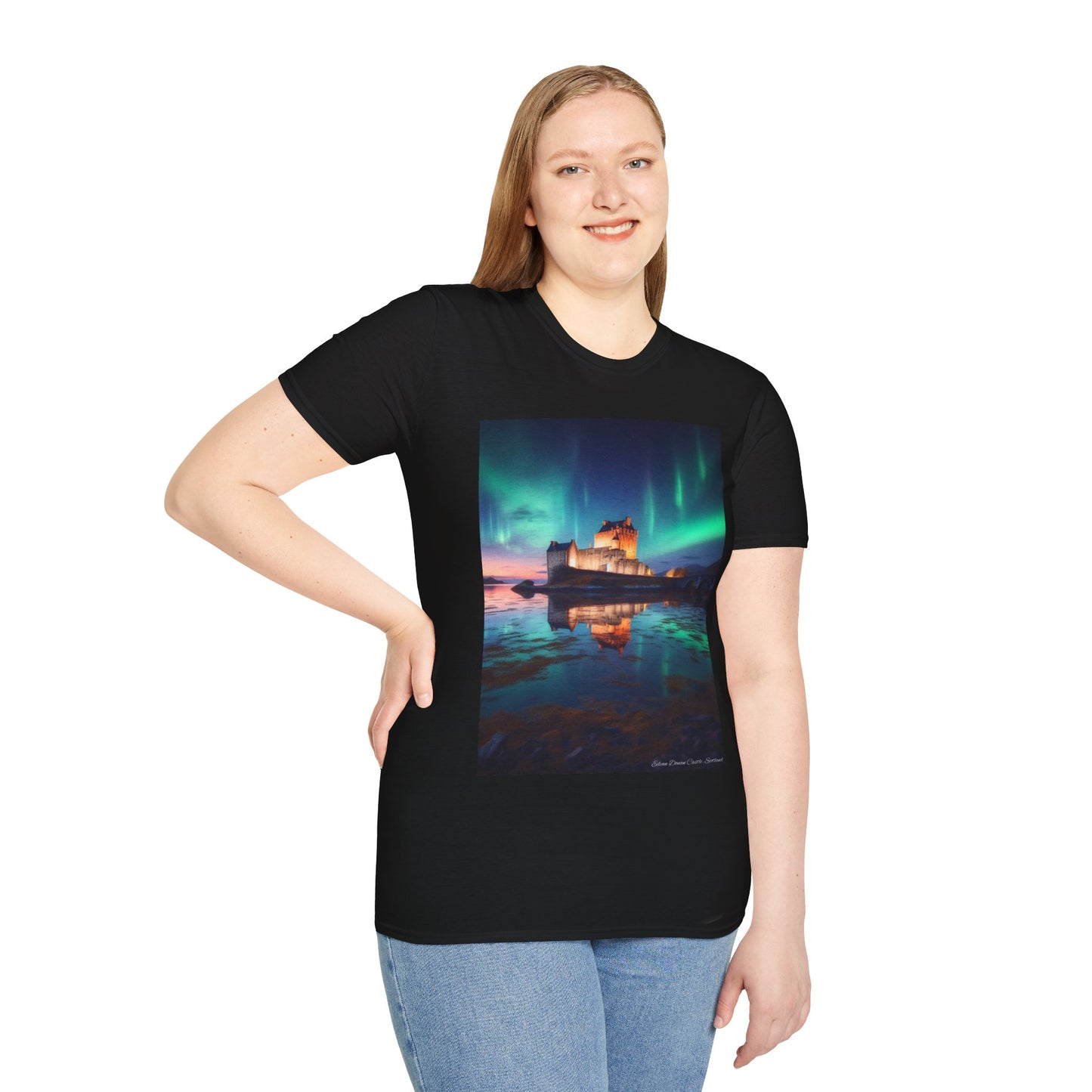 Eilean Donan Castle with Northern Lights Softstyle Unisex T-Shirt, Scotland Tee