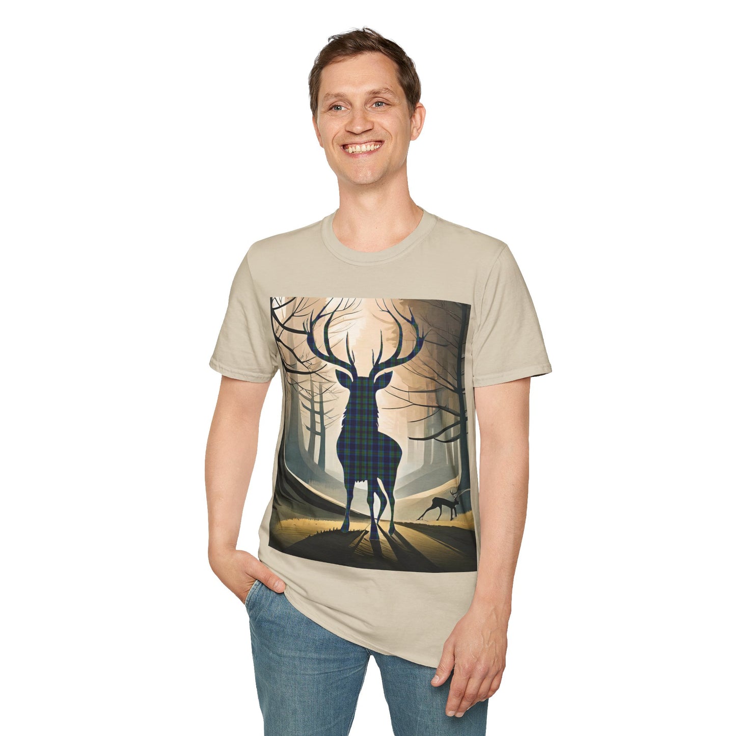 Stag Tartan Silhouette Softstyle T-Shirt - Miller Tartan, Unisex Tee, Scottish Scenery, Various Colours