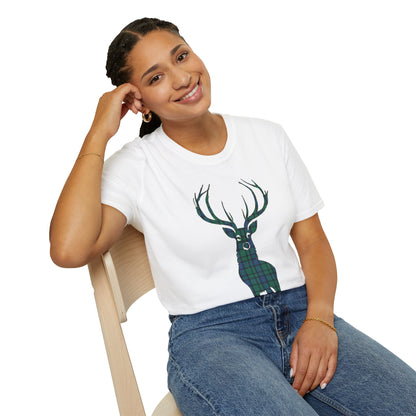 Tartan Stag Softstyle T-Shirt - Flower of Scotland Tartan, Unisex Tee, Scottish Scenery, Various Colours