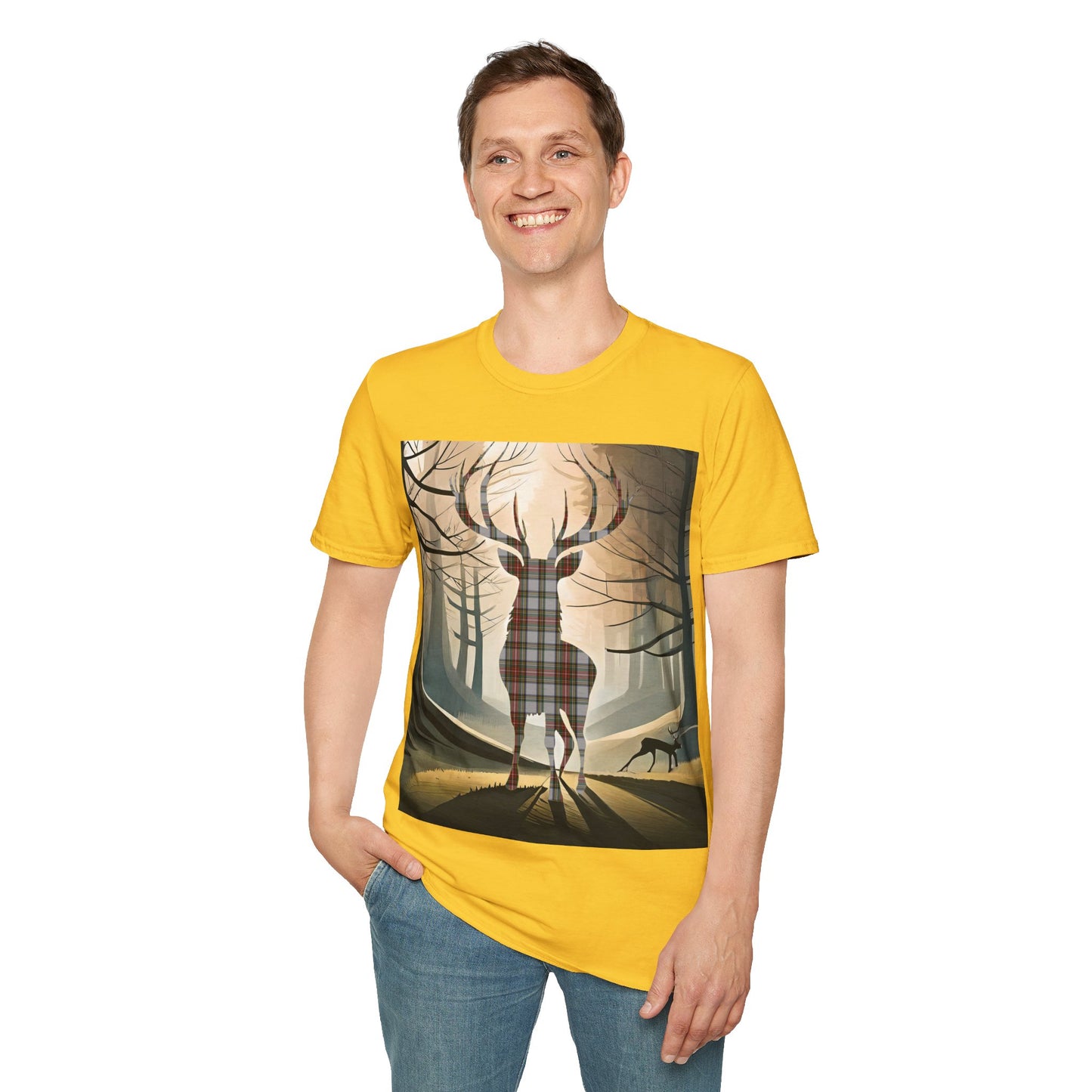 Stag Tartan Silhouette Softstyle T-Shirt - Stewart Dress Tartan, Unisex Tee, Scottish Scenery, Various Colours