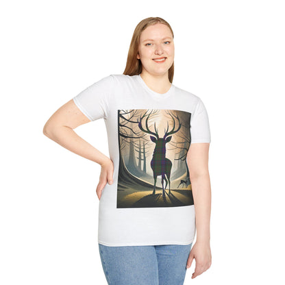 Stag Tartan Silhouette Softstyle T-Shirt - MacDonald Tartan, Unisex Tee, Scottish Scenery, Various Colours