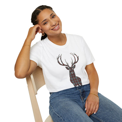 Tartan Stag Softstyle T-Shirt - Stewart Tartan, Unisex Tee, Scottish Scenery, Various Colours