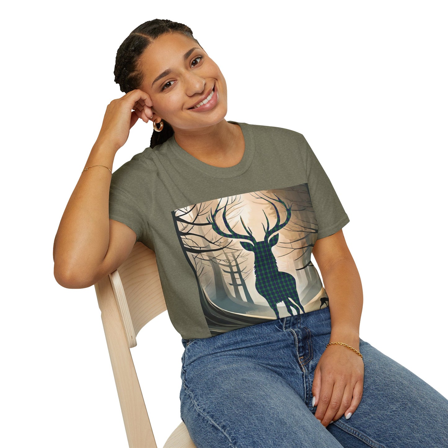 Stag Tartan Silhouette Softstyle T-Shirt - Douglas Tartan, Unisex Tee, Scottish Scenery, Various Colours