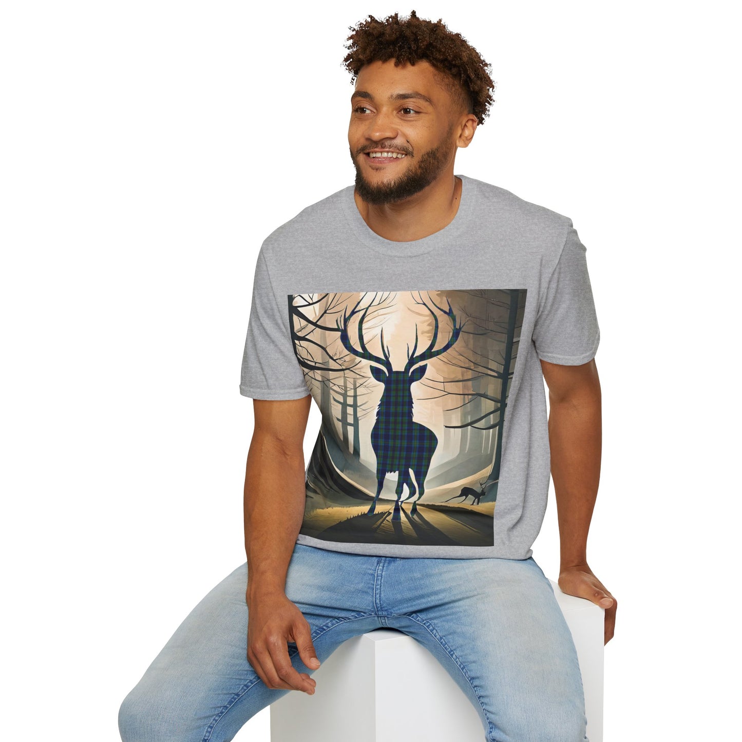 Stag Tartan Silhouette Softstyle T-Shirt - Miller Tartan, Unisex Tee, Scottish Scenery, Various Colours