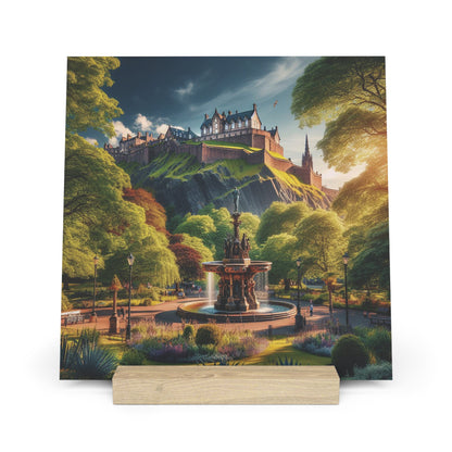 Summer Collection Gallery Stand Edinburgh Castle with Ross Fountain, Oak Picture Stand, Scotland Art, Scenery, Landmarks, Various Sizes