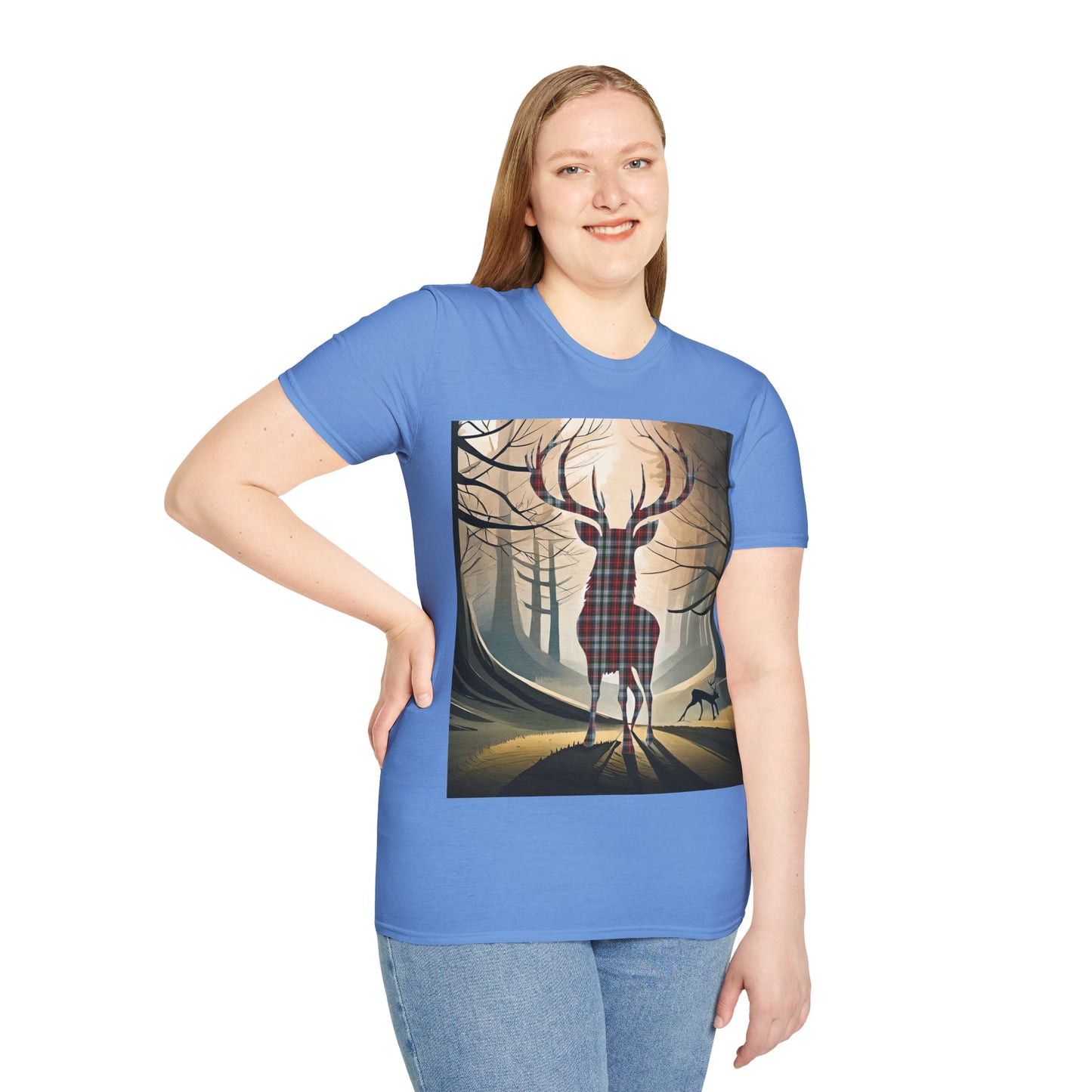 Stag Tartan Silhouette Softstyle T-Shirt - Stewart Tartan, Unisex Tee, Scottish Scenery, Various Colours