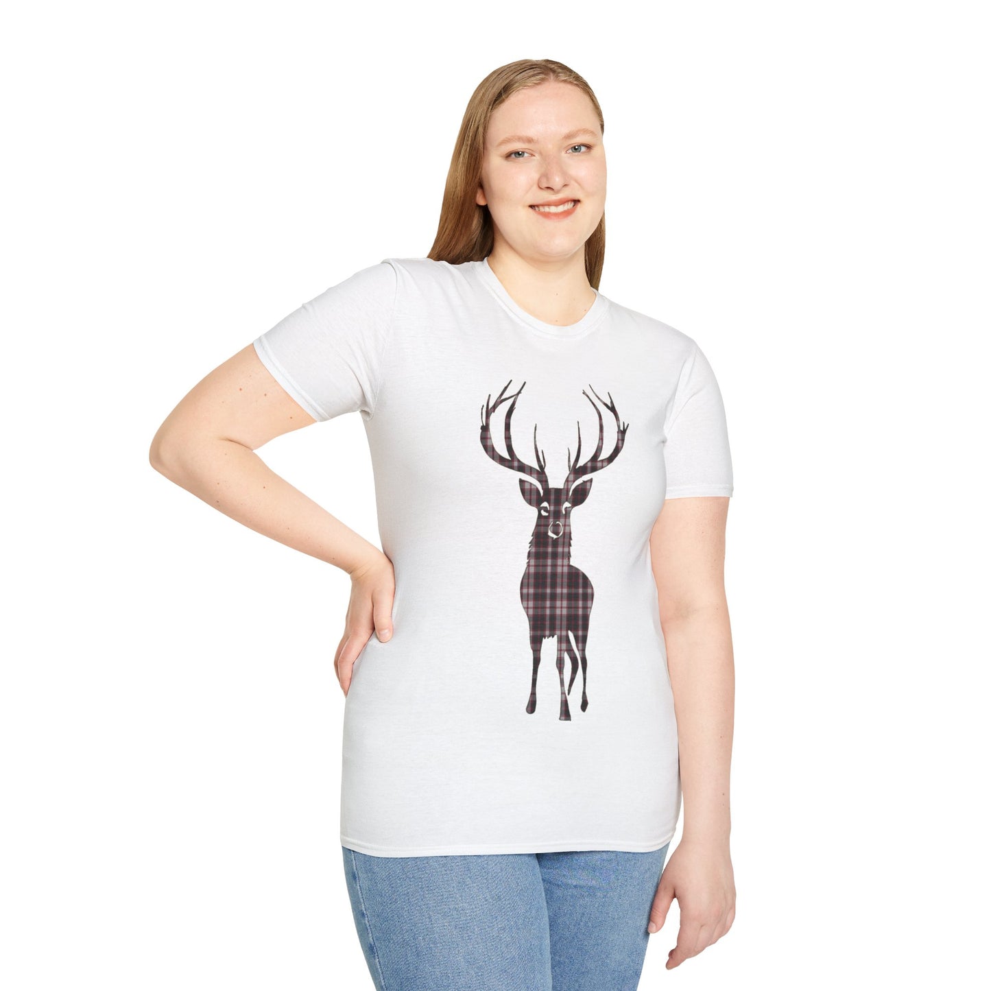 Tartan Stag Softstyle T-Shirt - MacPherson Tartan, Unisex Tee, Scottish Scenery, Various Colours