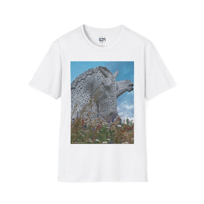 Kelpies with Meadow Photo Softstyle Unisex T-Shirt, Scottish Tee