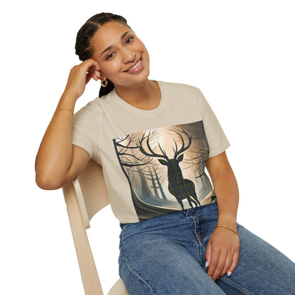 Stag Tartan Silhouette Softstyle T-Shirt - Campbell Tartan, Unisex Tee, Scottish Scenery, Various Colours