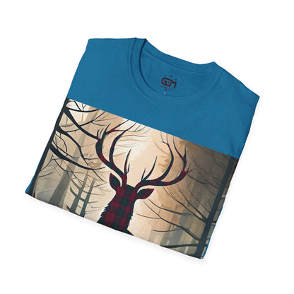 Stag Tartan Silhouette Softstyle T-Shirt - Lindsay Tartan, Unisex Tee, Scottish Scenery, Various Colours