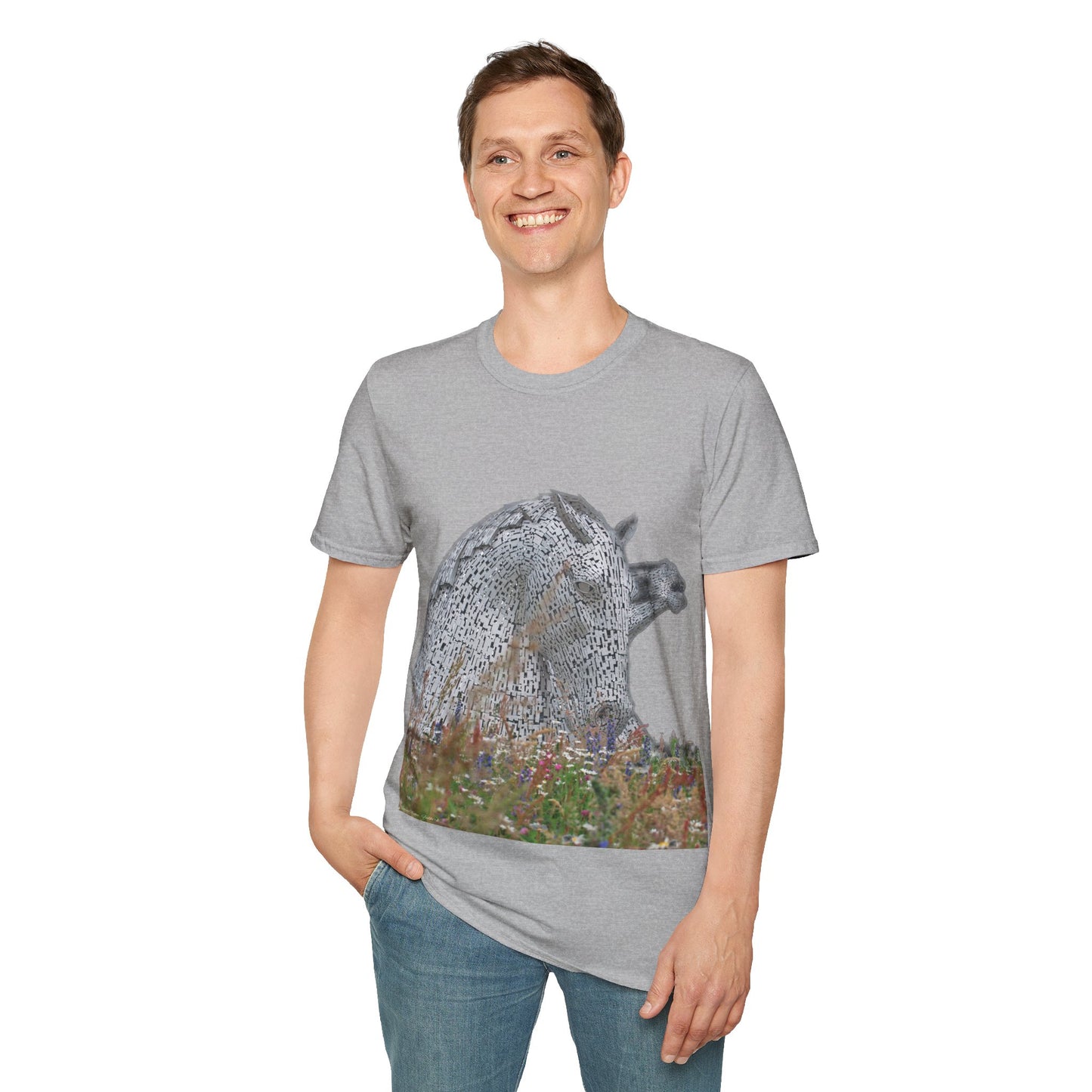 Kelpies with Meadow No Sky Photo Softstyle T-Shirt, Unisex Tee, Scottish Landmarks, Various Colours