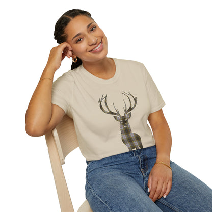 Tartan Stag Softstyle T-Shirt - Buchanan Tartan, Unisex Tee, Scottish Scenery, Various Colours