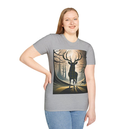 Stag Tartan Silhouette Softstyle T-Shirt - Campbell Tartan, Unisex Tee, Scottish Scenery, Various Colours