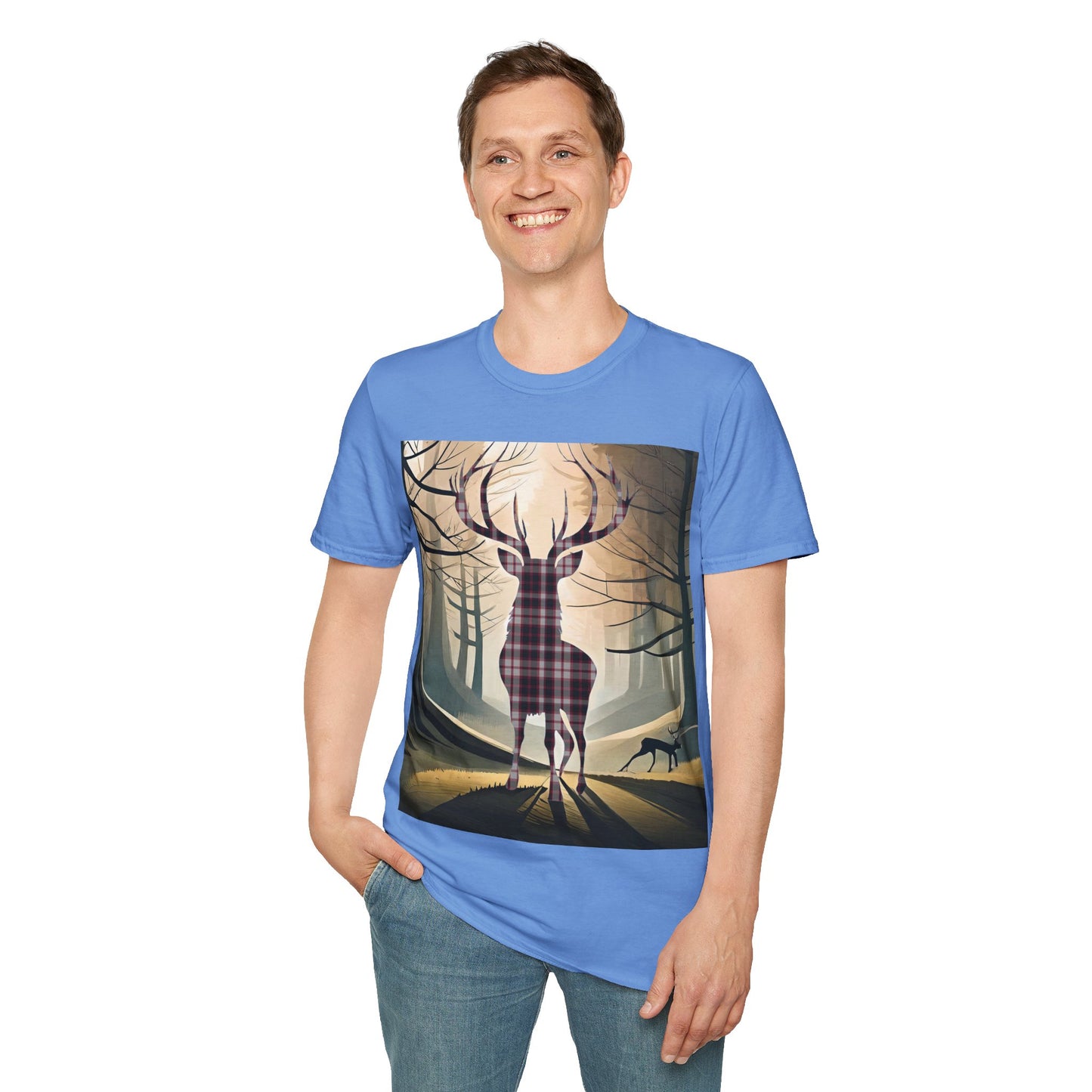 Stag Tartan Silhouette Softstyle T-Shirt - MacPherson Tartan, Unisex Tee, Scottish Scenery, Various Colours