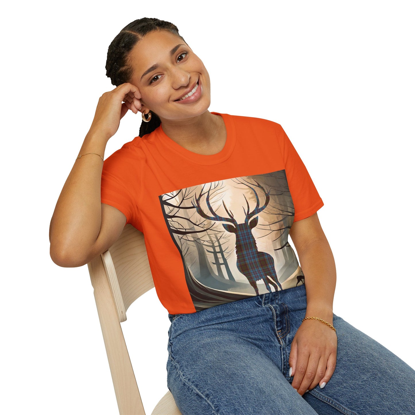 Stag Tartan Silhouette Softstyle T-Shirt - Anderson Tartan, Unisex Tee, Scottish Scenery, Various Colours