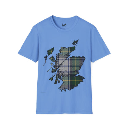 Scotland Tartan Map Softstyle Unisex T-Shirt, Gordon Dress Tartan, Various Colours