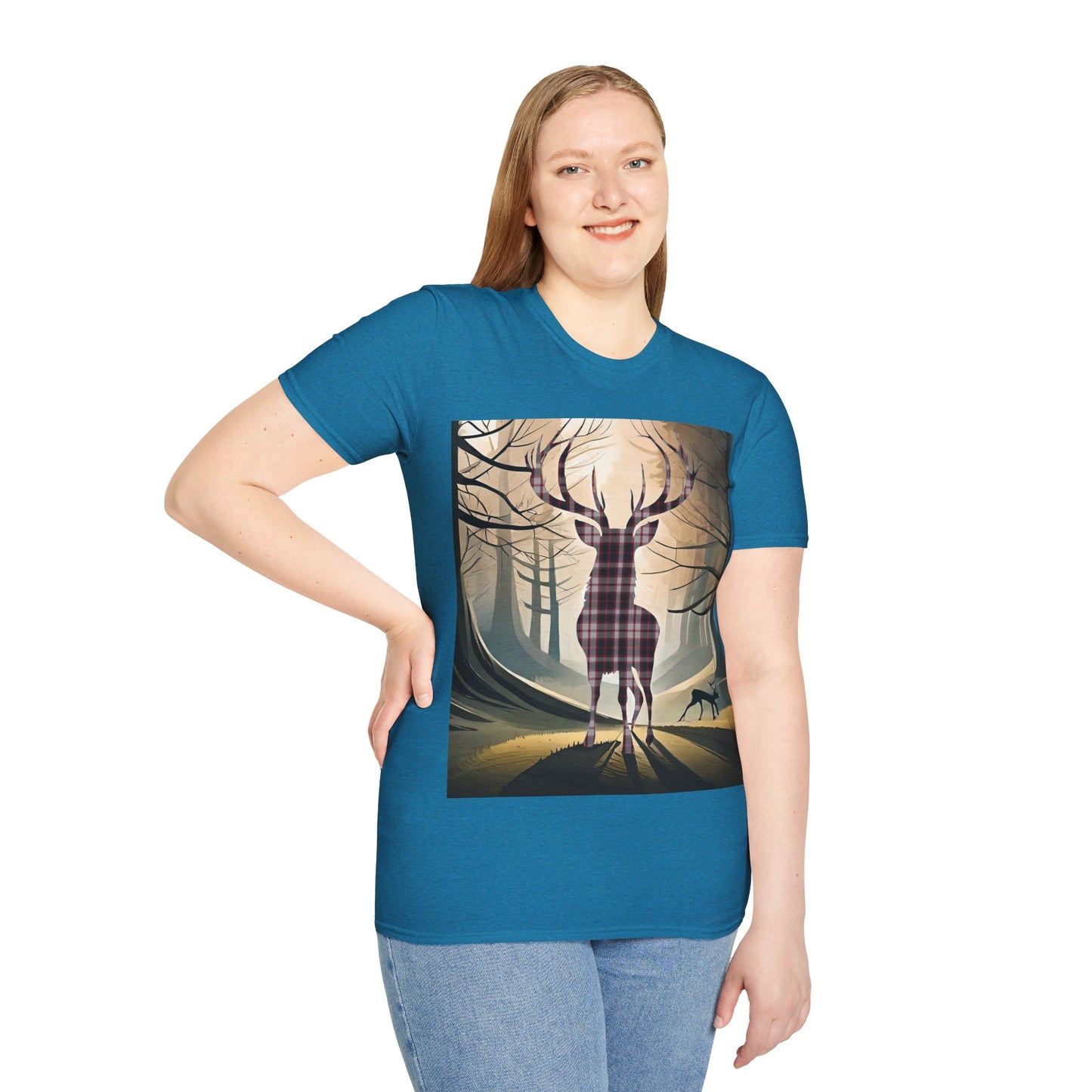 Stag Tartan Silhouette Softstyle T-Shirt - MacPherson Tartan, Unisex Tee, Scottish Scenery, Various Colours