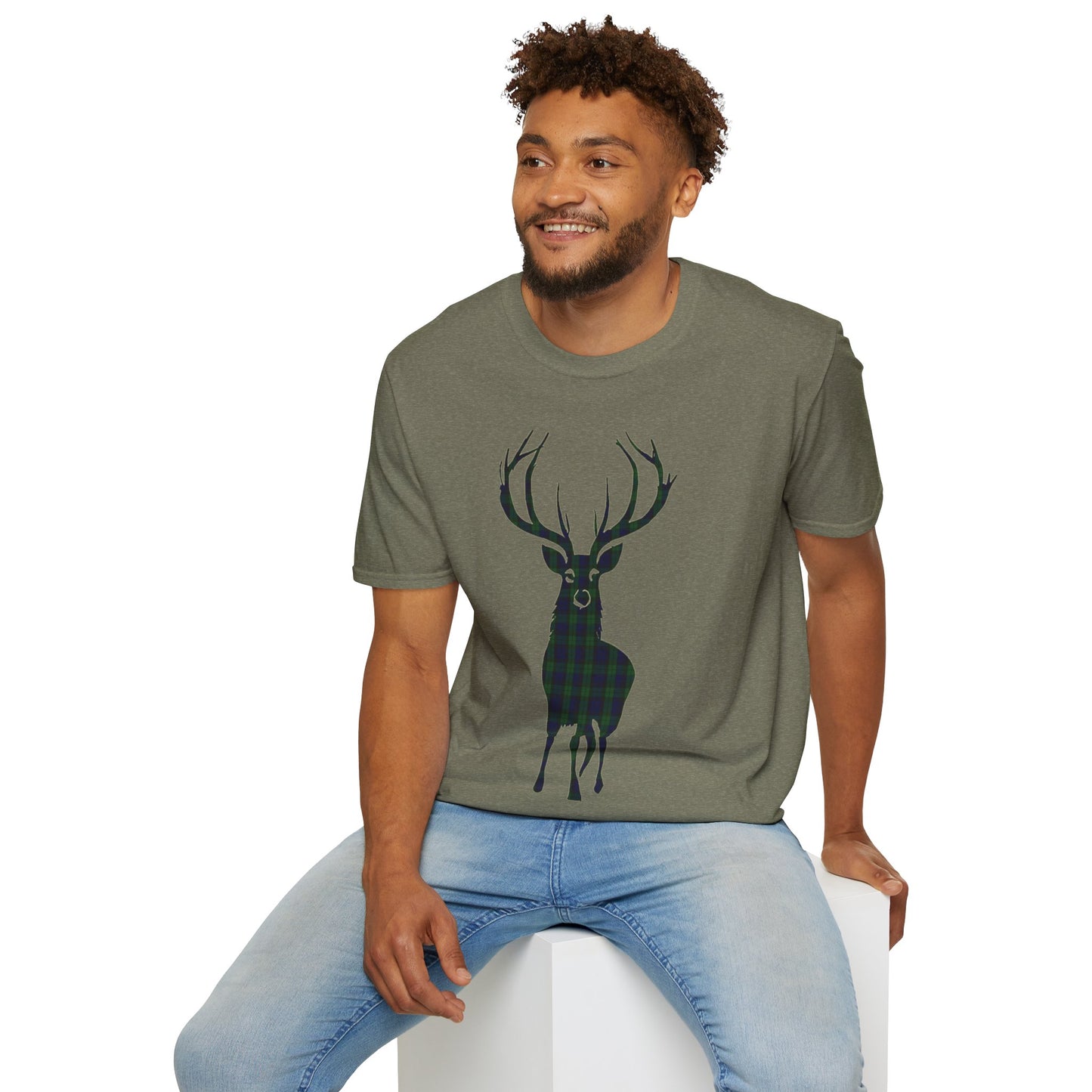 Tartan Stag Softstyle T-Shirt - Black Watch Tartan, Unisex Tee, Scottish Scenery, Various Colours