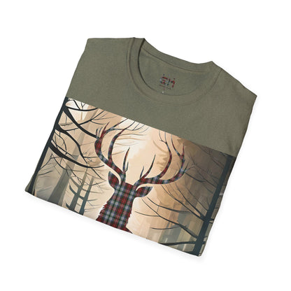 Stag Tartan Silhouette Softstyle T-Shirt - Stewart Tartan, Unisex Tee, Scottish Scenery, Various Colours