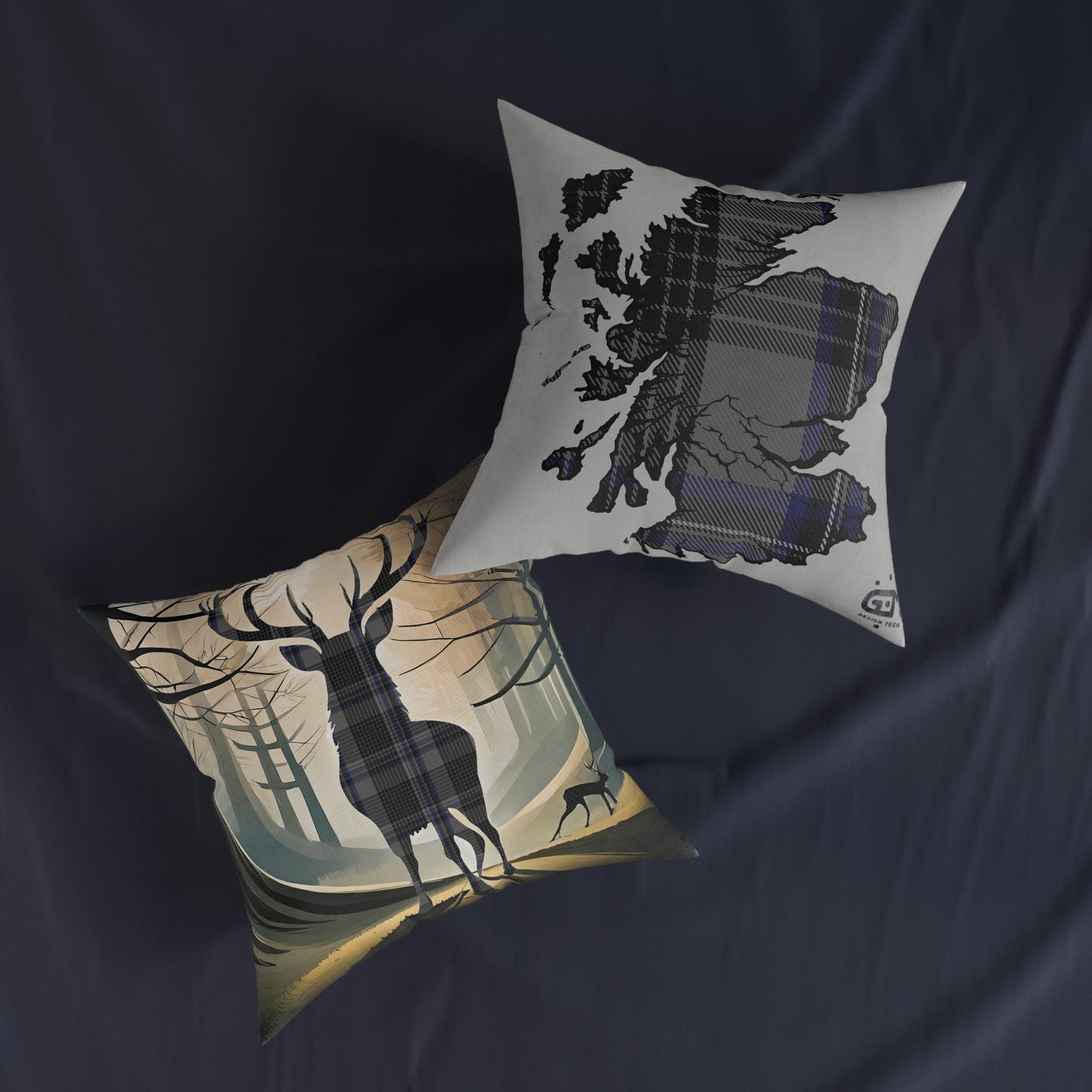 Reversible Square Cushion : Stag / Scotland Map - Hood Tartan, Various Sizes