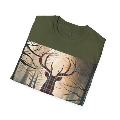 Stag Tartan Silhouette Softstyle T-Shirt - Stewart Tartan, Unisex Tee, Scottish Scenery, Various Colours