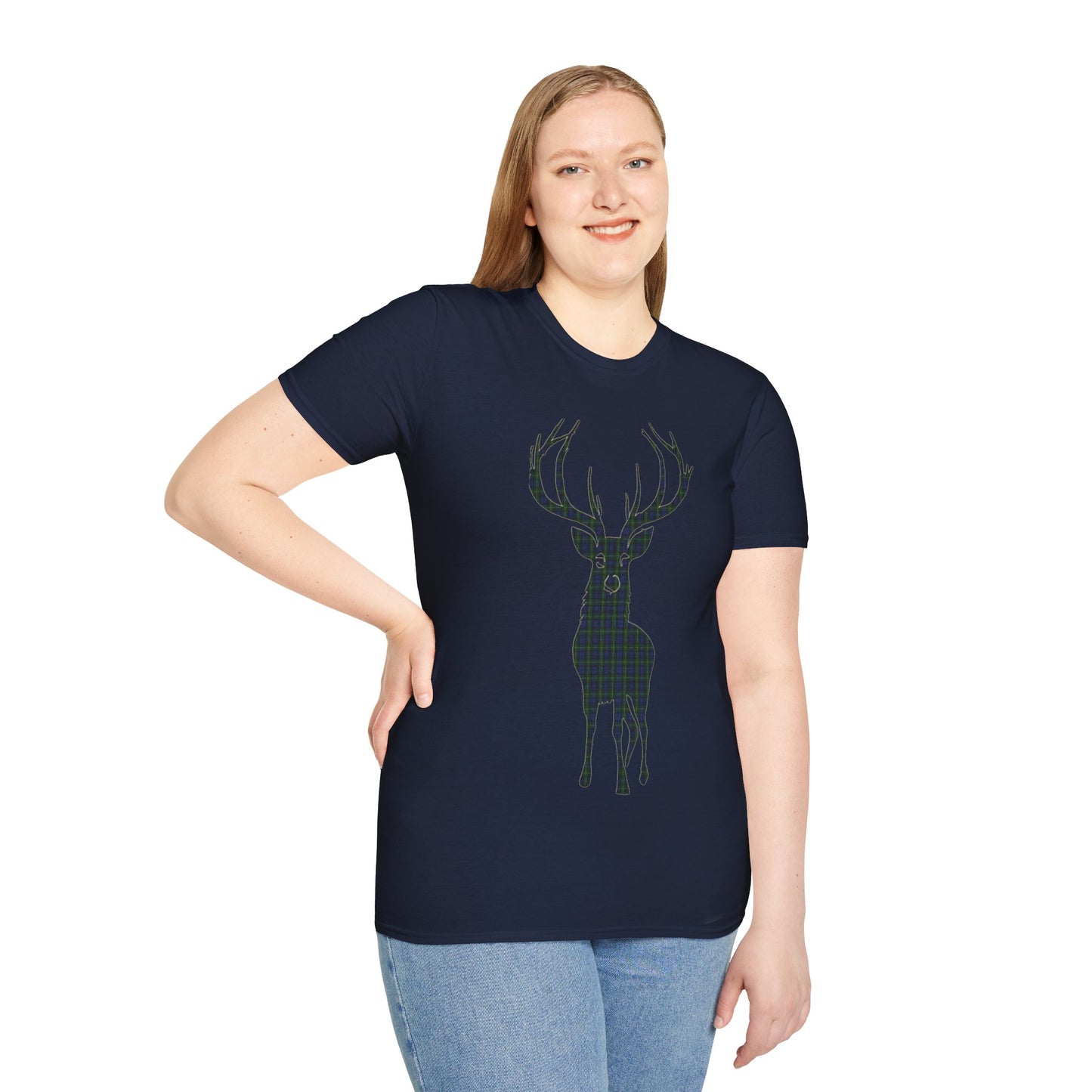 Tartan Stag Softstyle T-Shirt - Gordon Tartan, Unisex Tee, Scottish Scenery, Various Colours