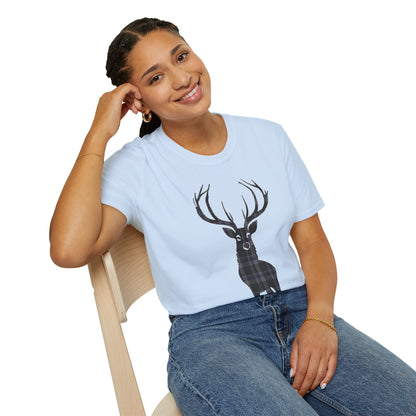 Tartan Stag Softstyle T-Shirt - Hood Tartan, Unisex Tee, Scottish Scenery, Various Colours