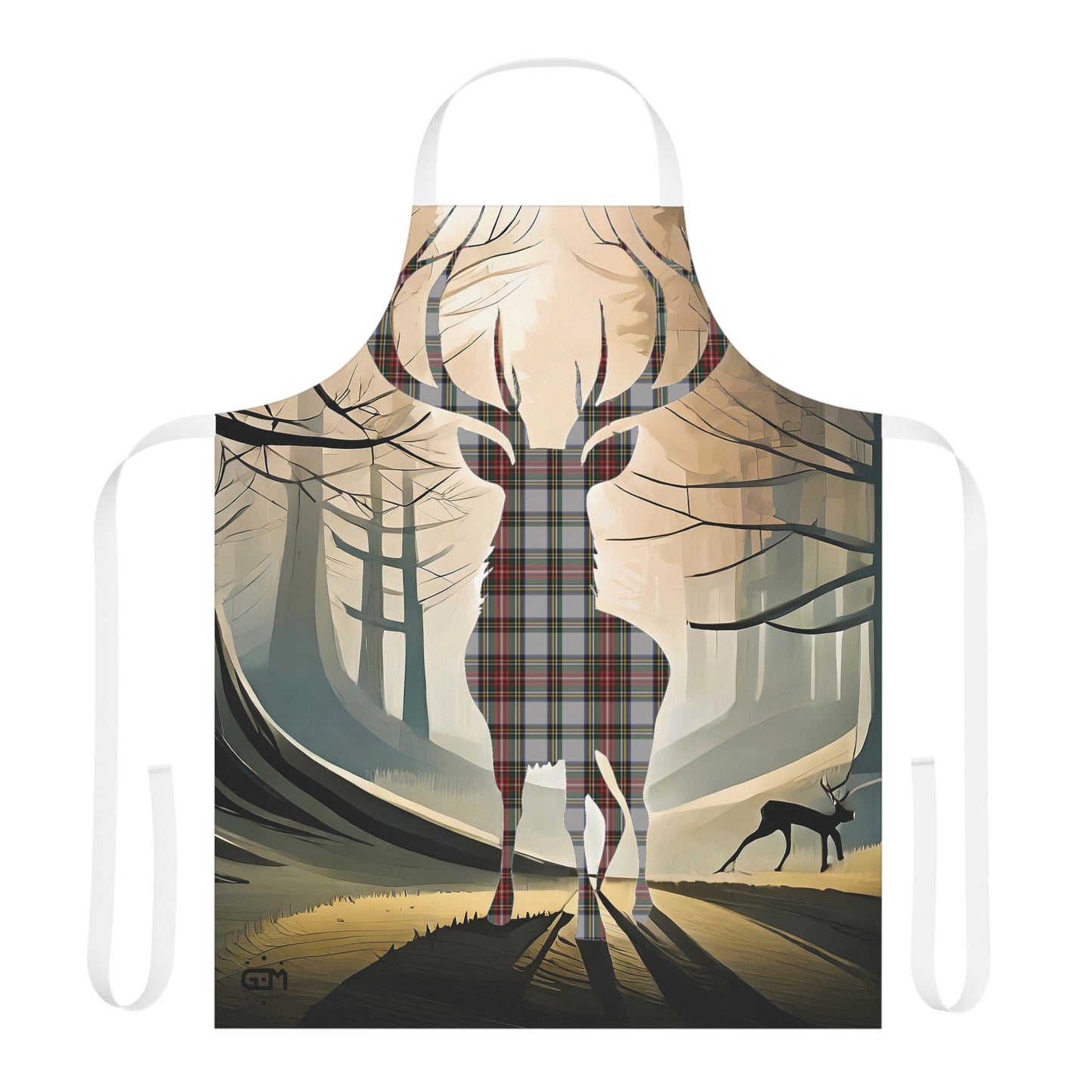 Tartan Stag Woodland Scene Apron - Stewart Dress Tartan, Scottish Cooking Apparel, Chef Accessory