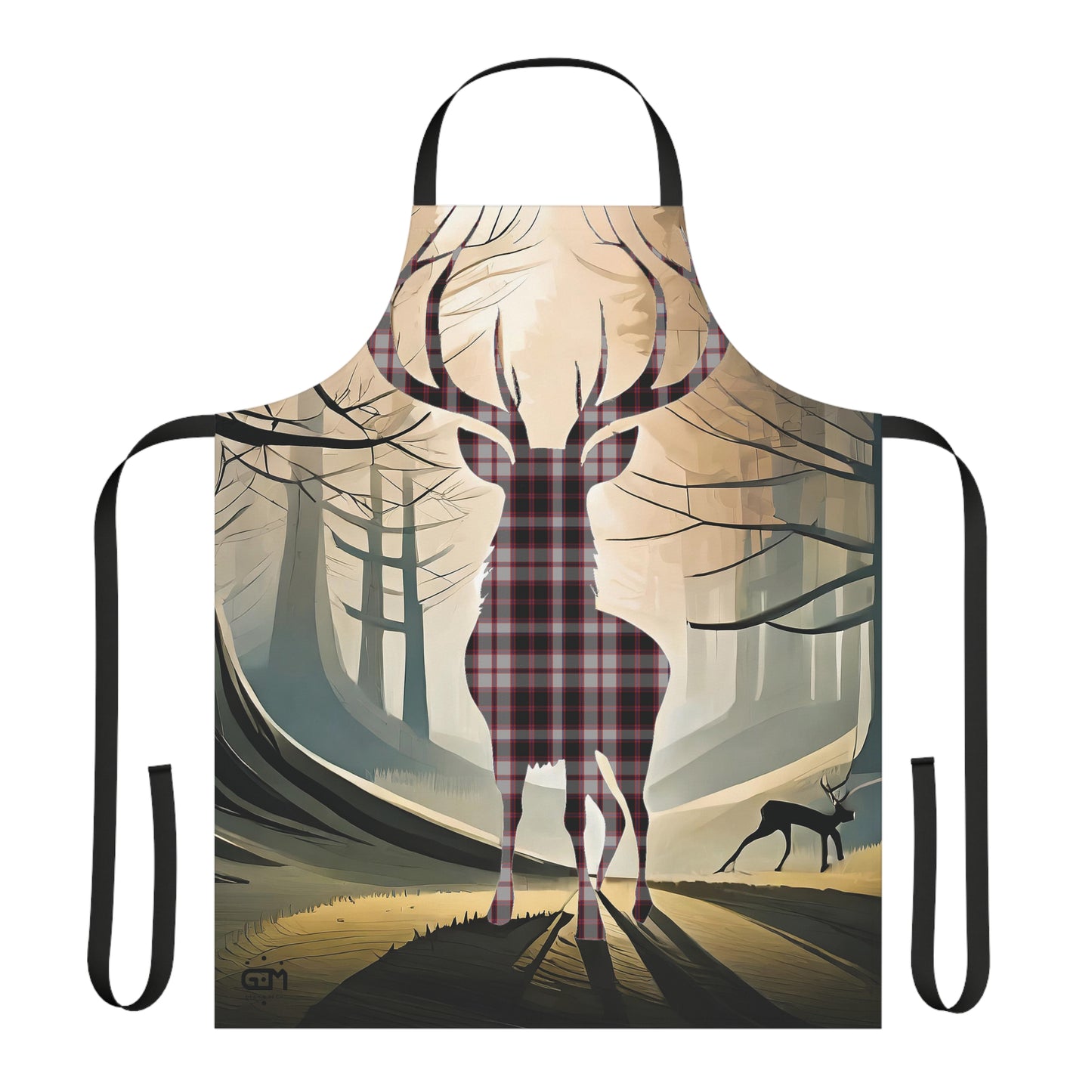 Tartan Stag Woodland Scene Apron - MacPherson Tartan, Scottish Cooking Apparel, Chef Accessory