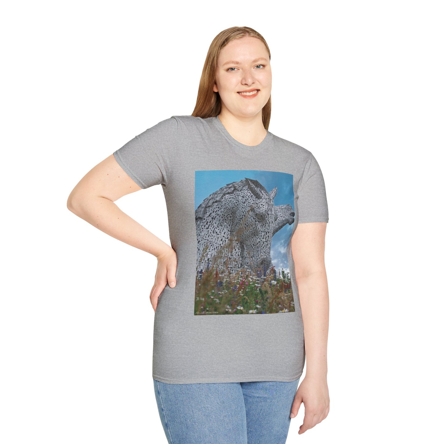 Kelpies with Meadow Photo Softstyle Unisex T-Shirt, Scottish Tee