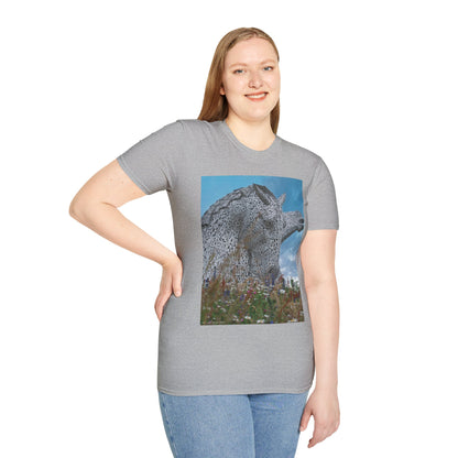 Kelpies with Meadow Photo Softstyle Unisex T-Shirt, Scottish Tee