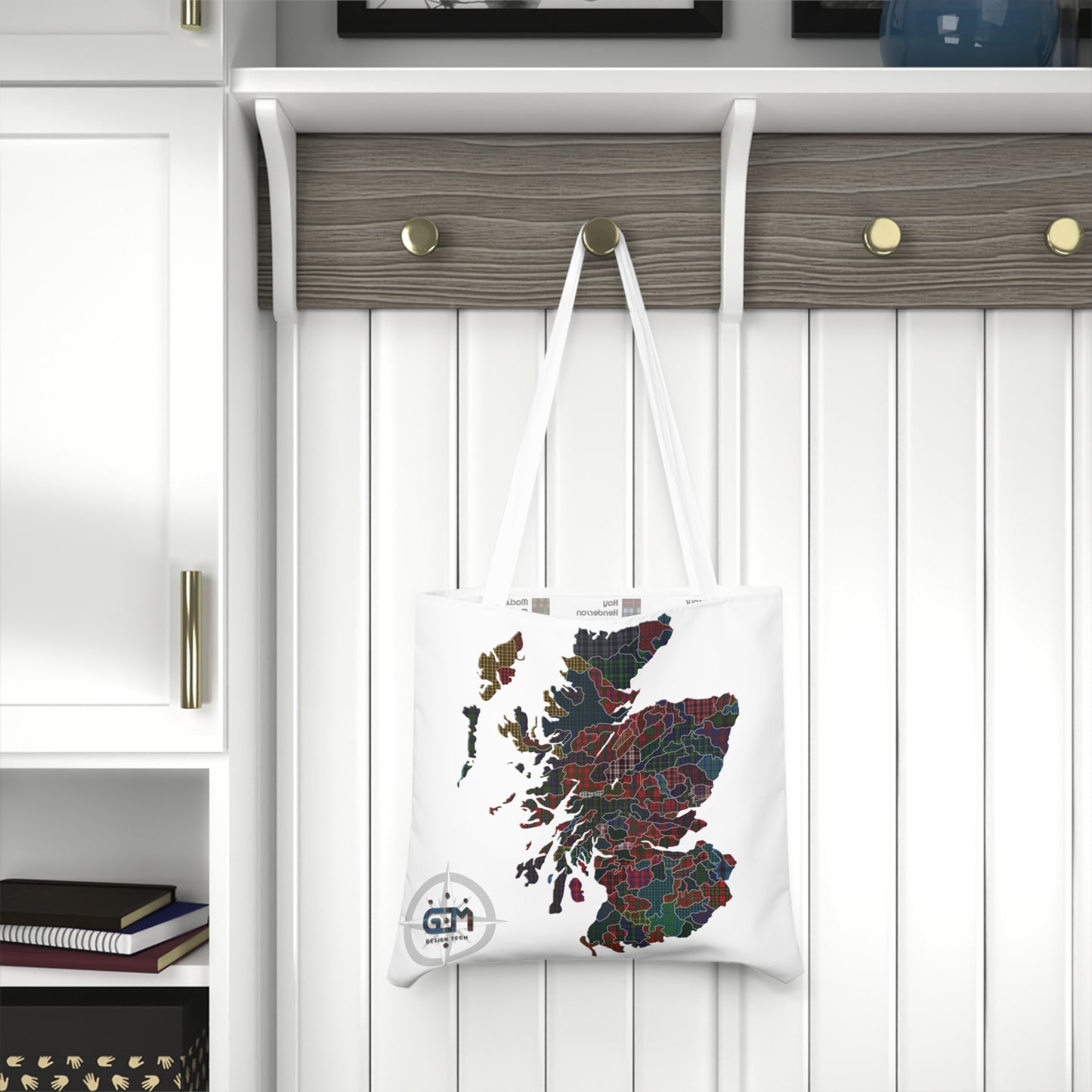 Scotland Map of Clans Tartan Shoulder Tote Bag, White